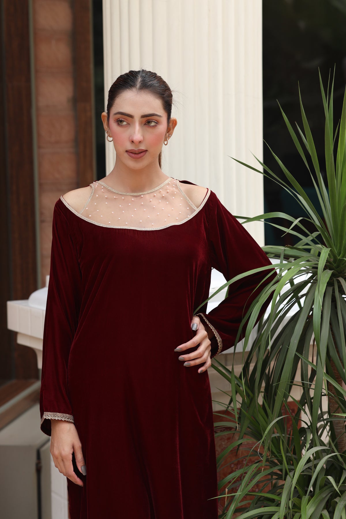 Maroon embroidered