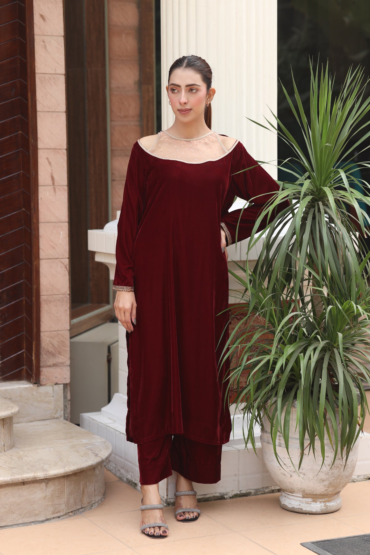 Maroon embroidered
