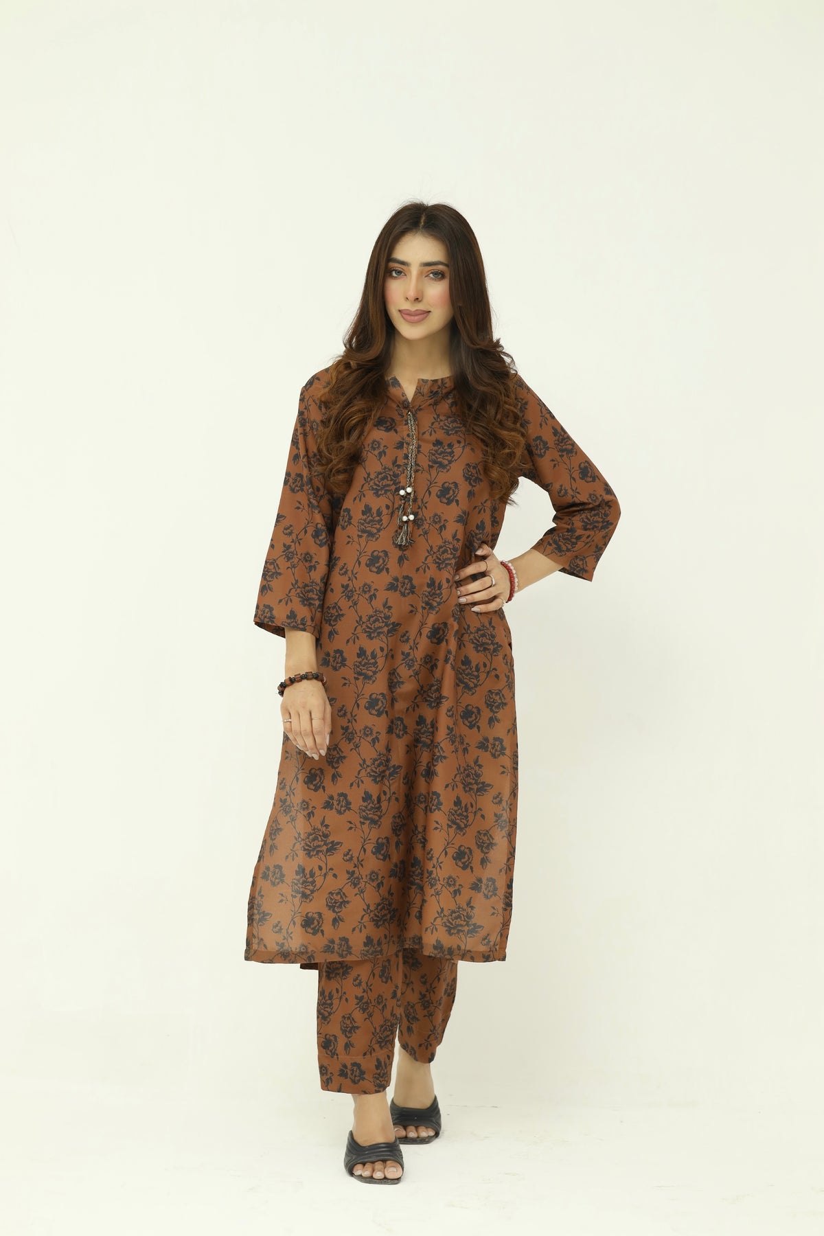 2 piece brown floral-printed